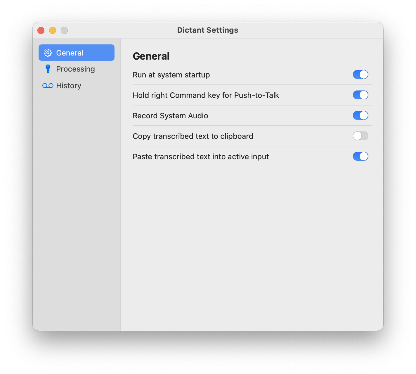 Dictant General settings with push-to-talk, system audio recording, clipboard, and auto-paste options
