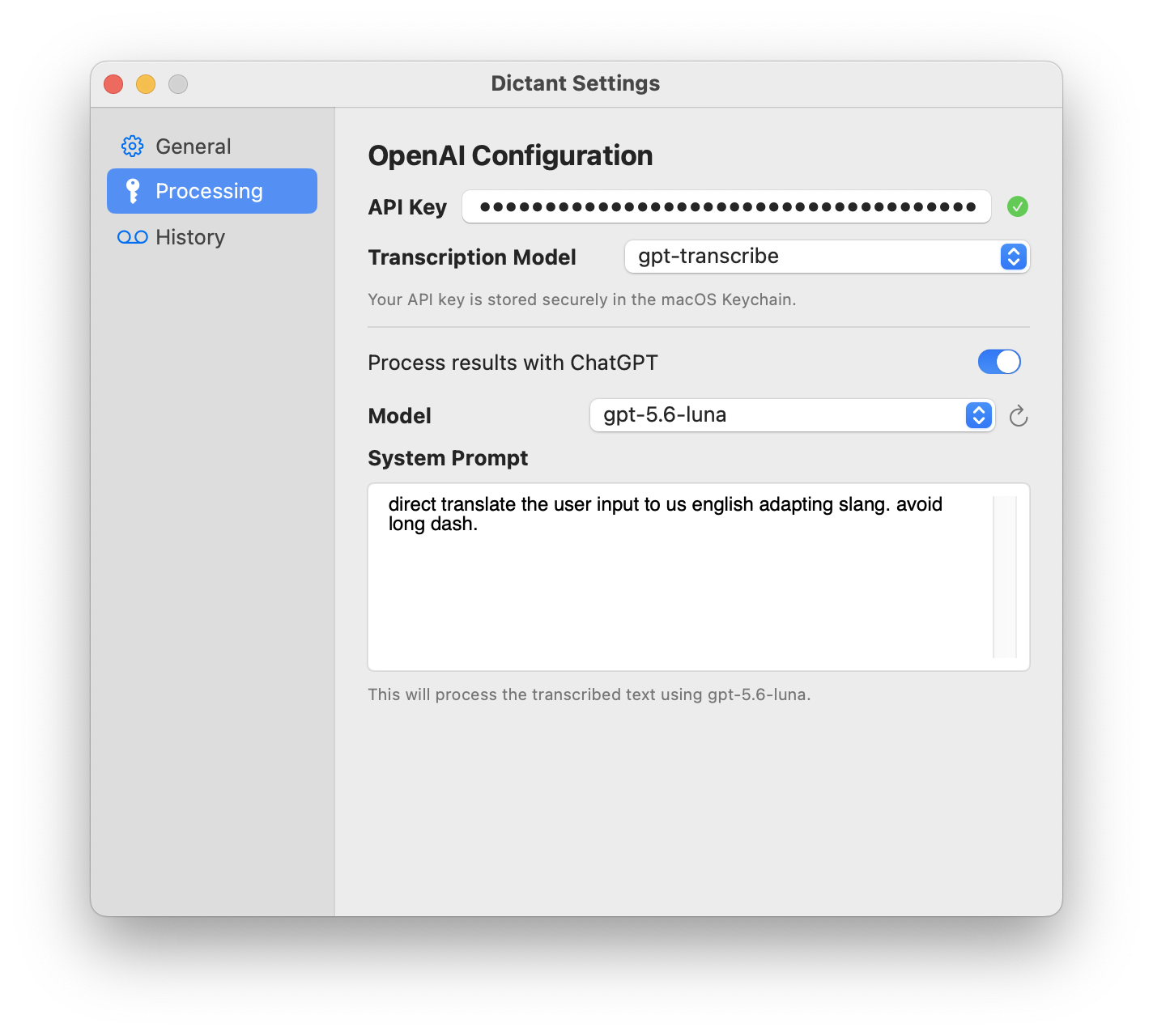 Dictant Processing settings with transcription model, ChatGPT model, and custom prompt options